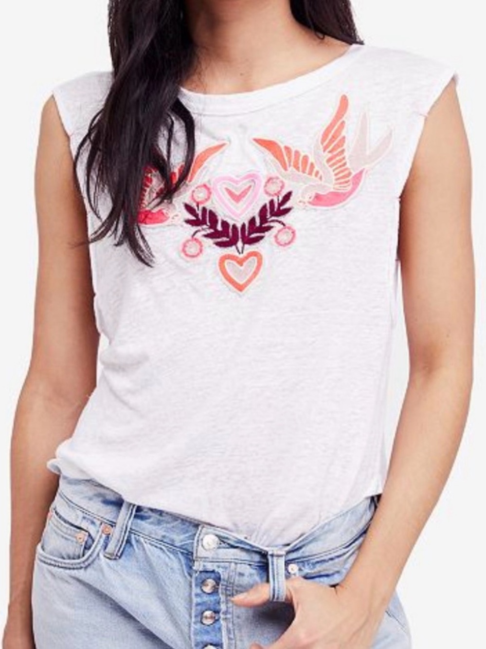 Free People Love Birds T Shirt White Tank with Embroidered Birds S NWT